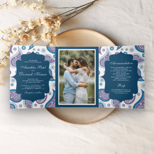 Invitation Trois Volets Bleu et violet Paisley Mariage de style indien