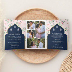 Invitation Trois Volets Bleu marine floral rose Combinaison pour mariage i