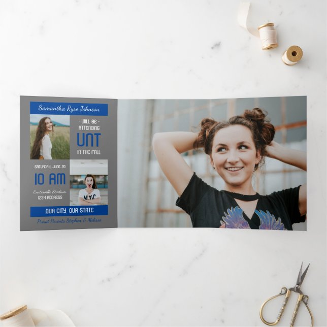 Invitation Trois Volets Bleu moderne bloc 5-Photo graduation (Intérieur)