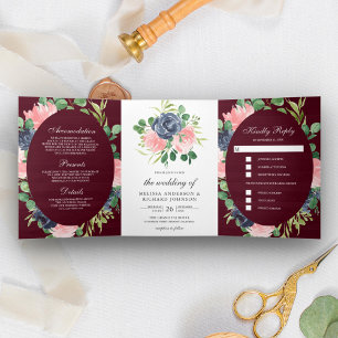 Invitation Trois Volets Bleu Nuit et Rose Pâle Floral Bourgogne Mariage