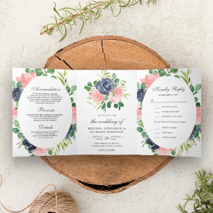 Invitation Trois Volets Bleu Nuit et Rose Poudré Floral 3 en 1 Mariage