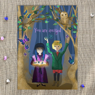 Invitation Trois Volets Bleu, Papillons Violets, Hiboux, Forêt Enchantée