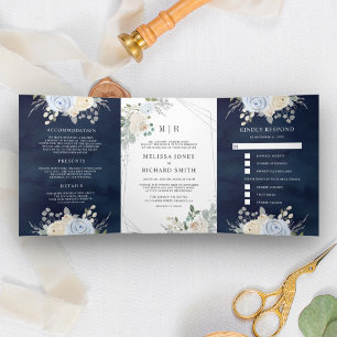 Invitation Trois Volets Bleu Poussiéreux et Floral d'Ivoire Tout en Un Mar