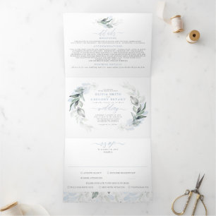 Invitation Trois Volets Bleu poussiéreux et Sage Elégant Mariage de verdur