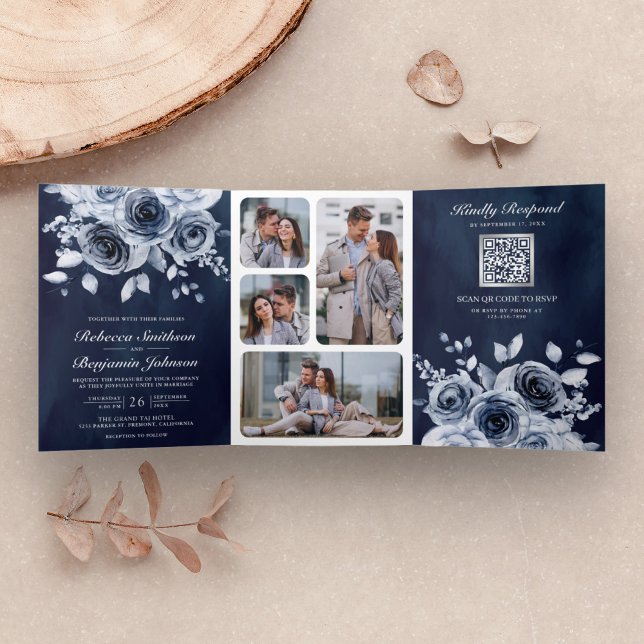 Invitation Trois Volets Bleu Poussiéreux Floral Combinaison QR Code Mariag (Créateur téléchargé)