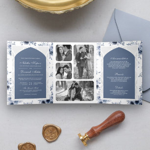 Invitation Trois Volets Bleu Poussiéreux Floral Combinaison Une Robe de Ma