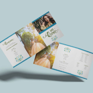 Invitation Trois Volets Bleu traditionnel Mexique Floral Photo Quinceanera