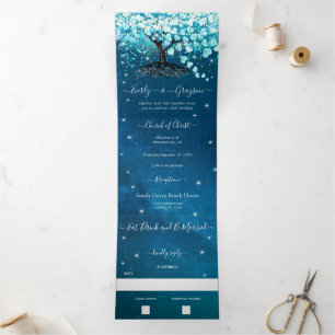 Invitation Trois Volets Blue Aqua Turquoise Heart Leaf Tree Mariage