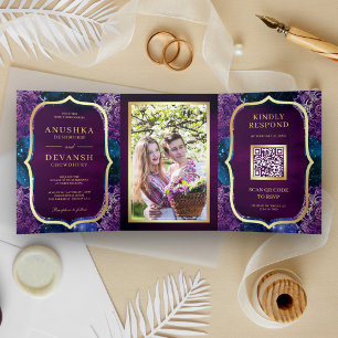Invitation Trois Volets Blue Galaxy Purple Mandala QR Code Mariage indien