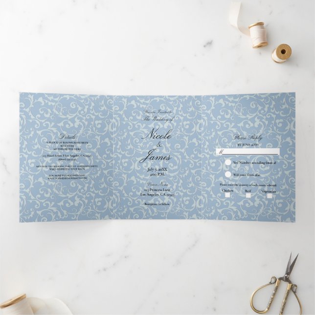 Invitation Trois Volets Blue Grey Princess Swirl Elegant Mariage de conte  (Intérieur)