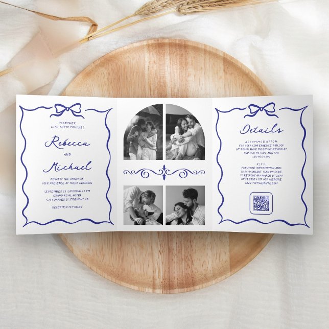 Invitation Trois Volets Blue Hand Drawn Bow QR Code Photo Wedding (Créateur téléchargé)