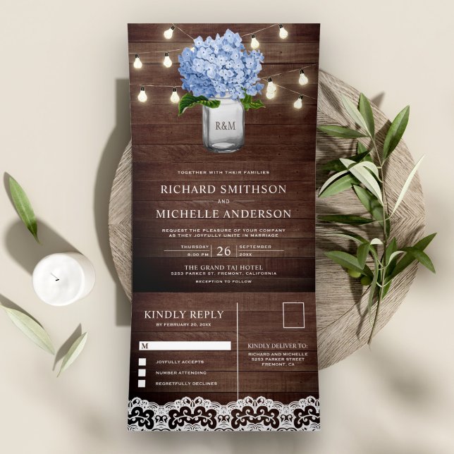 Invitation Trois Volets Blue Hydrangea Mason Jar String Mariage (Créateur téléchargé)