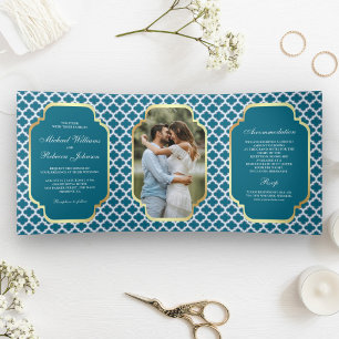 Invitation Trois Volets Blue Moroccan Quatrefoil Motif Photo Mariage