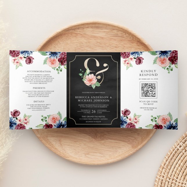 Invitation Trois Volets Blush Navy Bourgogne Floral Noir QR Code Mariage (Créateur téléchargé)