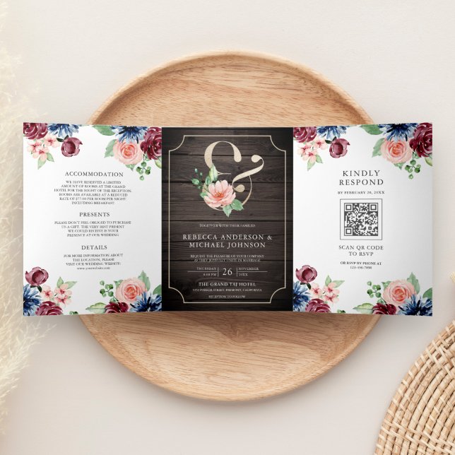 Invitation Trois Volets Blush Navy Bourgogne Floral Wood QR Code Mariage (Créateur téléchargé)