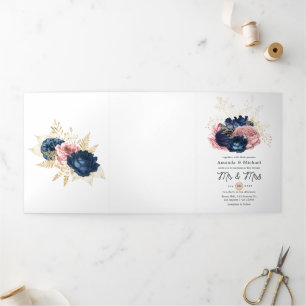 Invitation Trois Volets Blush, Navy et Gold Floral Mariage