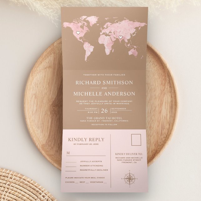 Invitation Trois Volets Blush Pink World Map Beige Tan All in One Wedding (Créateur téléchargé)