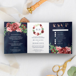 Invitation Trois Volets Blush rose Bourgogne Floral Mariage bleu marine