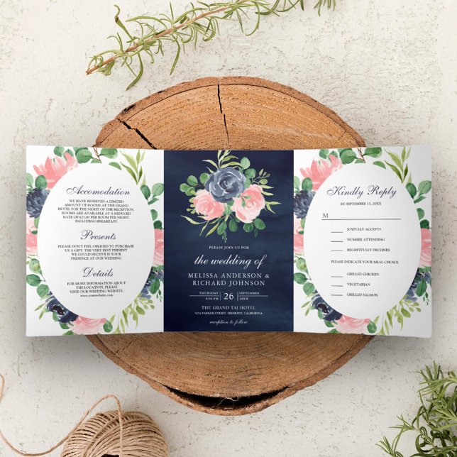Invitation Trois Volets Blush rose et bleu marine Floral 3 en 1 Mariage (Créateur téléchargé)