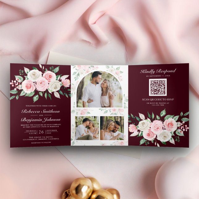 Invitation Trois Volets Blush rose Floral Bourgogne QR Code Mariage (Créateur téléchargé)