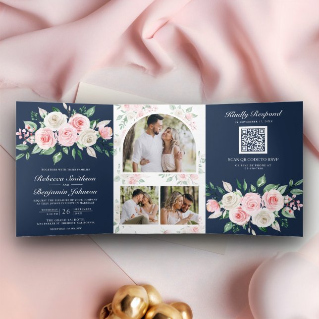 Invitation Trois Volets Blush rose Floral Navy bleu QR Code Mariage (Créateur téléchargé)