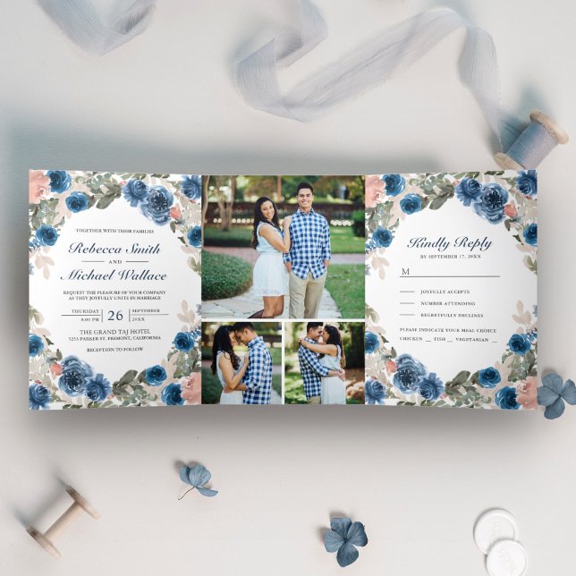 Invitation Trois Volets Blush Rose Navy Blue Floral Photo Collage Mariage (Créateur téléchargé)
