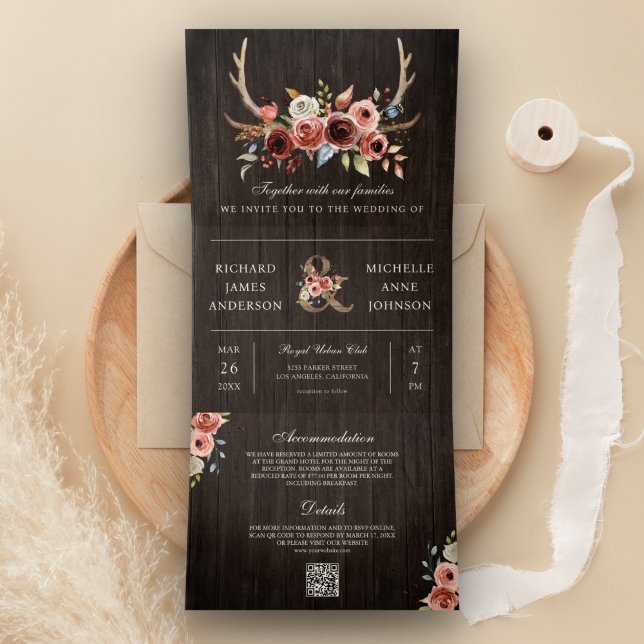 Invitation Trois Volets Boho Antler Terracotta Floral QR Code Mariage en b (Créateur téléchargé)