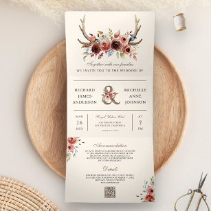 Invitation Trois Volets Boho Antlers Terracotta Floral QR Code Mariage