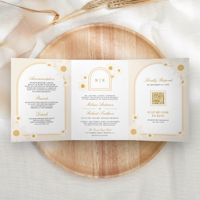 Invitation Trois Volets Boho Arch Crème Jaune Daisée Tout en un Mariage (Créateur téléchargé)