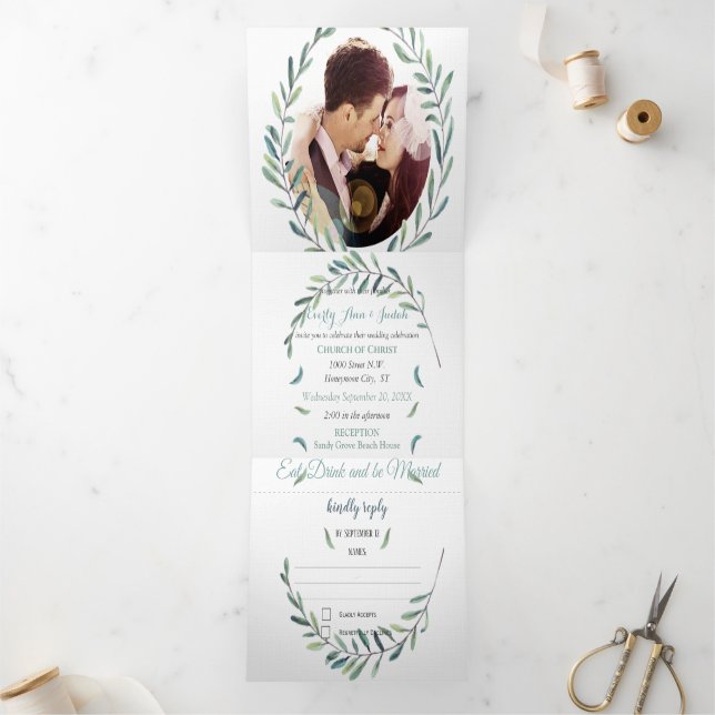 Invitation Trois Volets Boho Blue et Green Wreath Mariage (Intérieur)