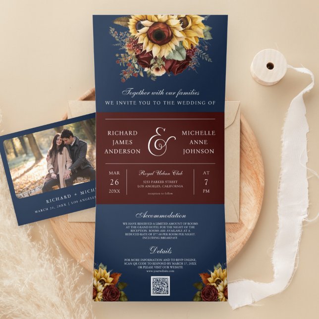 Invitation Trois Volets Boho Burgundy Roses Sunflower Navy QR Code Mariage (Créateur téléchargé)