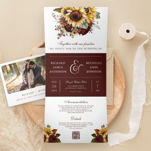 Invitation Trois Volets Boho Burgundy Roses Sunflowers QR Code Mariage