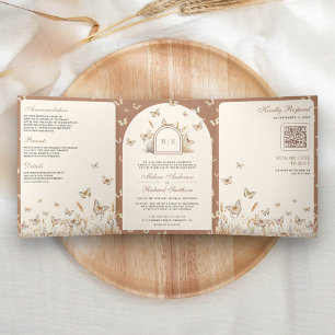 Invitation Trois Volets Boho Crème Beige Fleur sauvage Papillon Arch Maria
