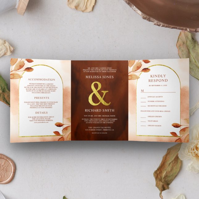 Invitation Trois Volets Boho Earthy Terracotta Feuilles Arc 3 en 1 Mariage (Créateur téléchargé)