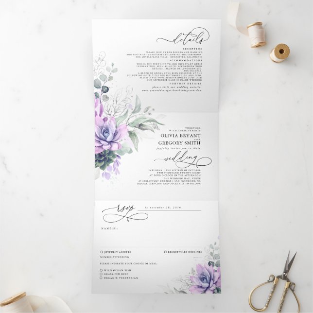 Invitation Trois Volets Boho Elegant Purple Succulents Mariage de verdure (Intérieur)