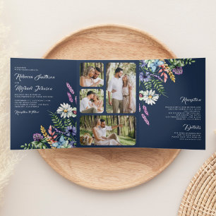 Invitation Trois Volets Boho Fleur sauvage photo tout en un Mariage bleu m