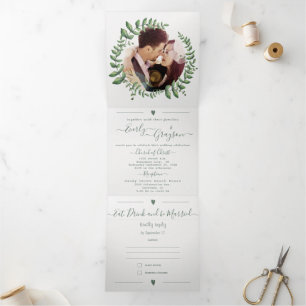 Invitation Trois Volets Boho Green Leaf Olive Green Cendres Mariage Tri