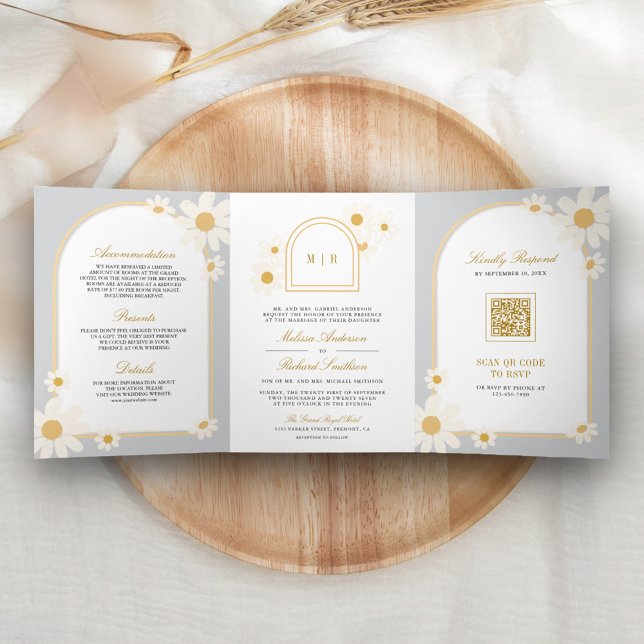 Invitation Trois Volets Boho Gris Crème Jaune Daisée Tout en un Mariage (Créateur téléchargé)