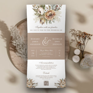 Invitation Trois Volets Boho Neutral Terme Floral Taupe QR Code Mariage