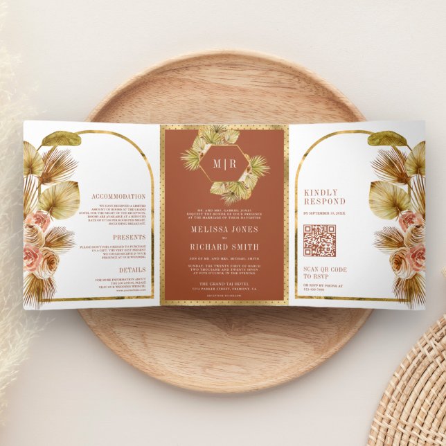 Invitation Trois Volets Boho Palm Terme Floral Terracotta QR Code Mariage (Créateur téléchargé)