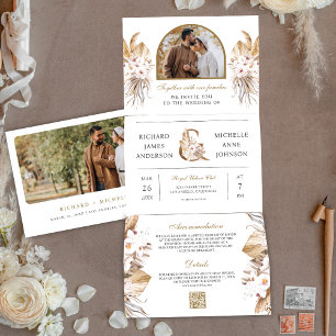 Invitation Trois Volets Boho Pampas Arch Photo Tout en un QR Code Mariage