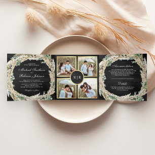 Invitation Trois Volets Boho Pampas Eucalyptus Wreath Mariage noir
