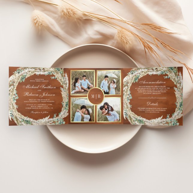 Invitation Trois Volets Boho Pampas Eucalyptus Wreath Terracotta Mariage (Créateur téléchargé)
