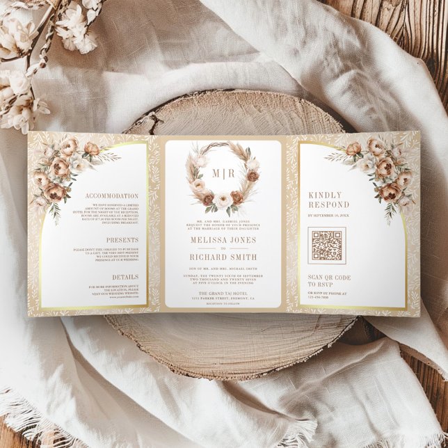 Invitation Trois Volets Boho Pampas Neutral Beige Terme Mariage Floral (Créateur téléchargé)