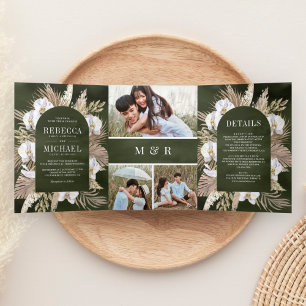 Invitation Trois Volets Boho Pampas Orchidée Blanche Mariage Sage Palm Sag