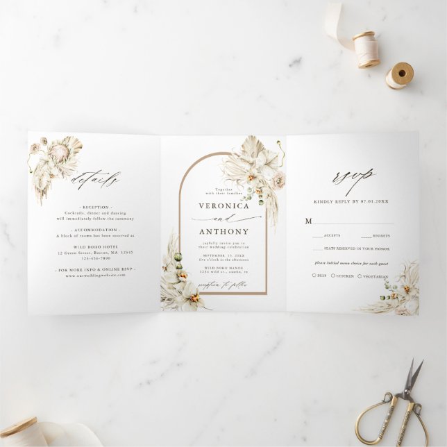 Invitation Trois Volets Boho Pampas Orchidée en herbe Mariage floral Photo (Intérieur)