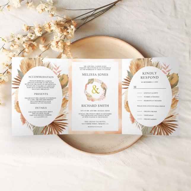 Invitation Trois Volets Boho Pampas Palmier Séché Tout en Un Mariage (Créateur téléchargé)