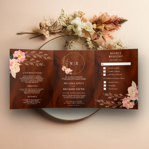 Invitation Trois Volets Boho Peach Floral Bural Orange Terracotta Mariage