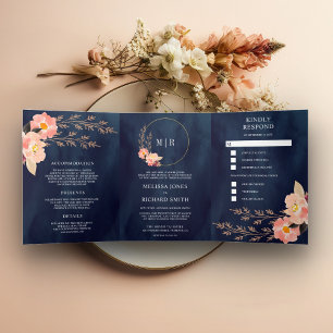 Invitation Trois Volets Boho Pêche Floral Combinaison Intégrale Bleu Nuit 