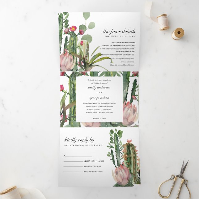 INVITATION TROIS VOLETS BOHO PINK FLORAL CACTI FOLIAGE MARIAGE DE COULEUR  (Intérieur)